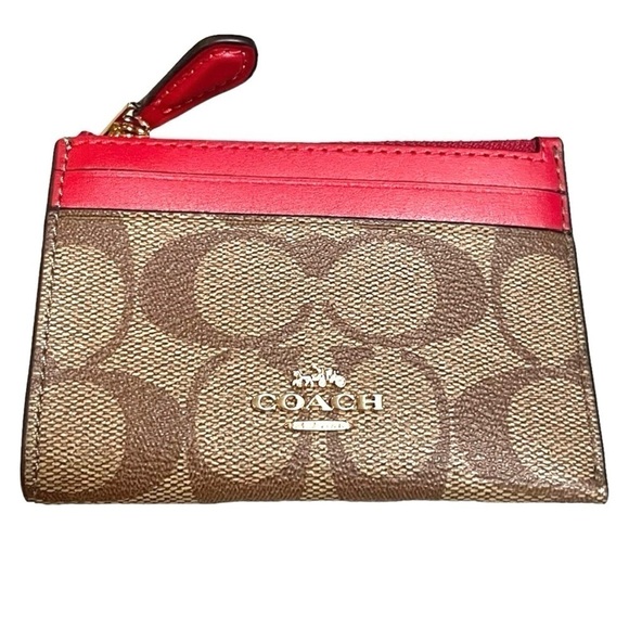 Coach Accessories - Coach Mini Skinny ID Case Wallet NWT Signature Canvas Brown Keychain Card